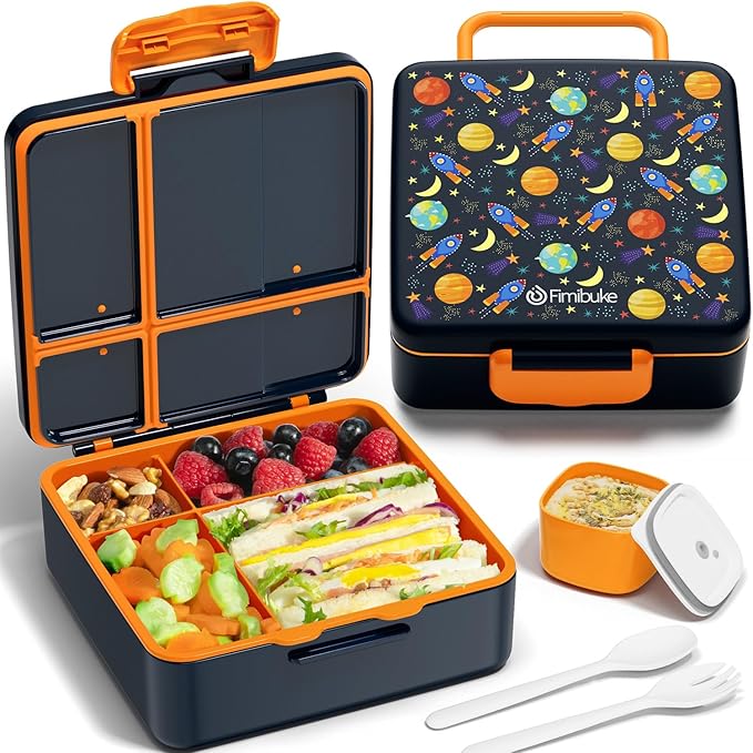 Fimibuke Bento Lunch Box for Kids, Leak Proof Toddler Bento Box with 4 Compartments BPA Free Dishwasher Safe Lunch Container with Utensils, Ideal Portion Sizes for Ages 3-12 Girls Boys for School