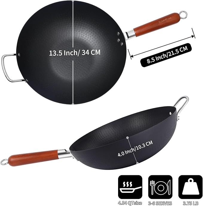 13.5" Carbon Steel Wok Pan with Wooden Lid Standable,Pre-Seasoned Flat Bottom Woks & Stir-fry Pans Chinese Cookware Compatible with Induction, Gas Pan-fry,Stir Fry, Steam, BBQ & Camping