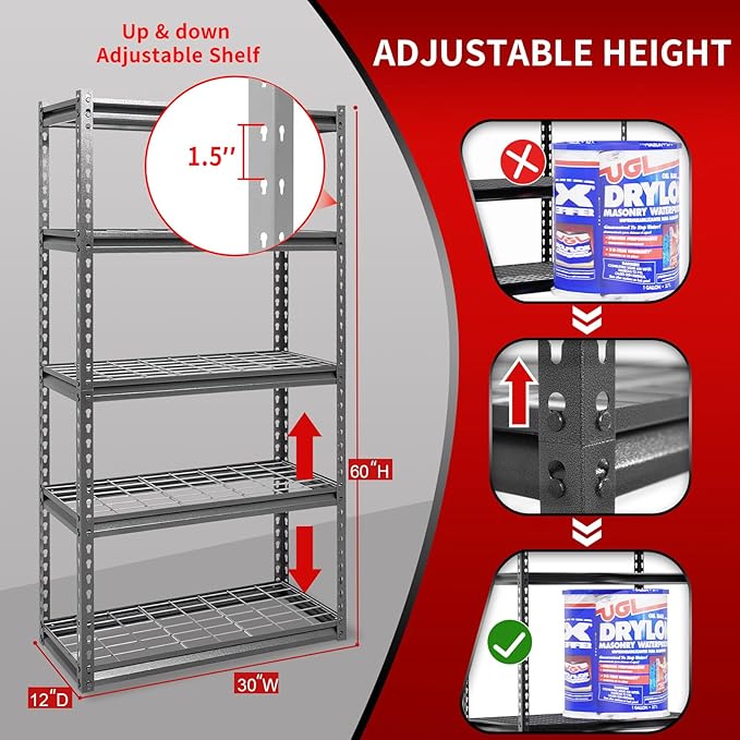 The Atlas 30" W x 12" D x 60" H Adjustable Garage Storage Shelves Load 2500 lbs, 5 Tier Heavy Duty Shelving Unit, Metal Utility Storage Rack for Warehouse Pantry Basement Kitchen, Dark Grey