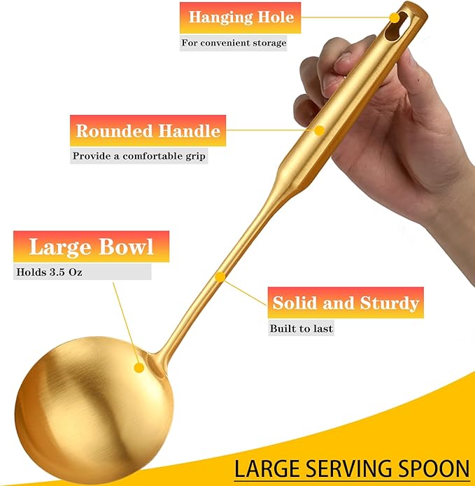 Soup Ladle, Stainless Steel Ladle spoon, Gold Ladles for Serving 14 Inch Serving Spoon Heavy Duty kitchen Utensils for Cooking Buffet, Party, Kitchen, Gold