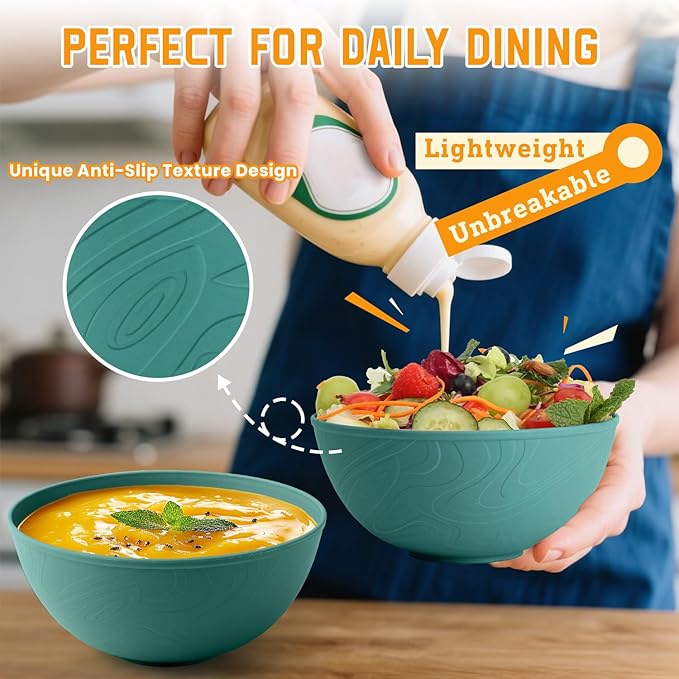 Homienly Wheat Starw Bowls, Bowl Set, Large Cereal Bowls, Serving Bowl Set of 6, Microwave and Dishwasher Safe, 40 OZ, Large Bowls for Salad, Soup, Ramen, Fruit,Dinner, Reusable, Stackable - Green