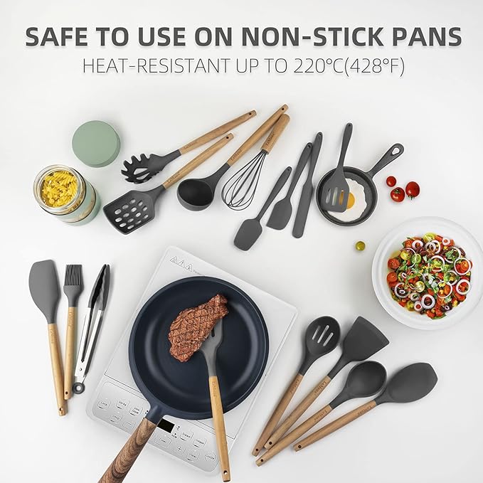 LeMuna Silicone Cooking Utensils Set, Kitchen Utensils for Cooking with Holder, Wooden Handle Silicone Utensils Spatula Set, Heat Resistant, BPA Free, Non Toxic Kitchen Gadgets, Gray