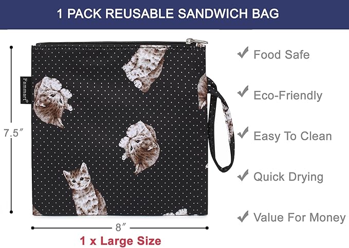 Reusable Sandwich Bag/Snack Bag for Kids & Adults, Dual Layer Lunch Bag with Handle, Washable, Food Safe, BPA Free (1-Pack, Dot&Cat)