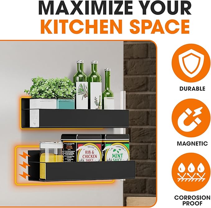 Cheer Collection Magnetic Spice Rack for Refrigerator – Set of 2 Heavy Duty Magnetic Shelf for Fridge, Magnetic Organizer for Kitchen Storage, Magnetic Shelves for Side of Refrigerator