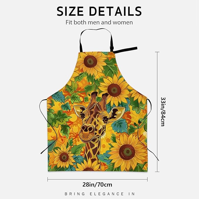 Giraffe and Sunflower Apron for Women Men, Cooking BBQ Chef Polyester Lightweight Floral Giraffe Aprons with Pockets for Baking Kitchen Gardening Cleaning, Adjustable Neck Strap, 28×33inch