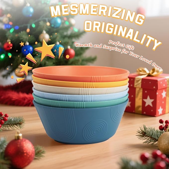 Homienly Unbreakable Cereal Bowls, Wheat Straw Bowl with Textured, 36oz Microwave Safe Plastic Bowls for Kitchen, Party, Large Soup Bowls for Popcorn, Ramen, Salad, Dishwasher Safe (Multi,6 PCS)