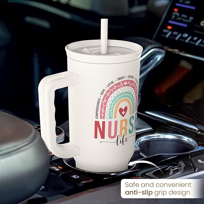 SANDJEST Nurse Tumbler with Handle 40oz, Stainless Steel Tumblers Coffee Travel Mug Cups with Straw, Nurses Appreciation Gifts for Women Female, Nursing Gift for Birthday Christmas Nurse's Week
