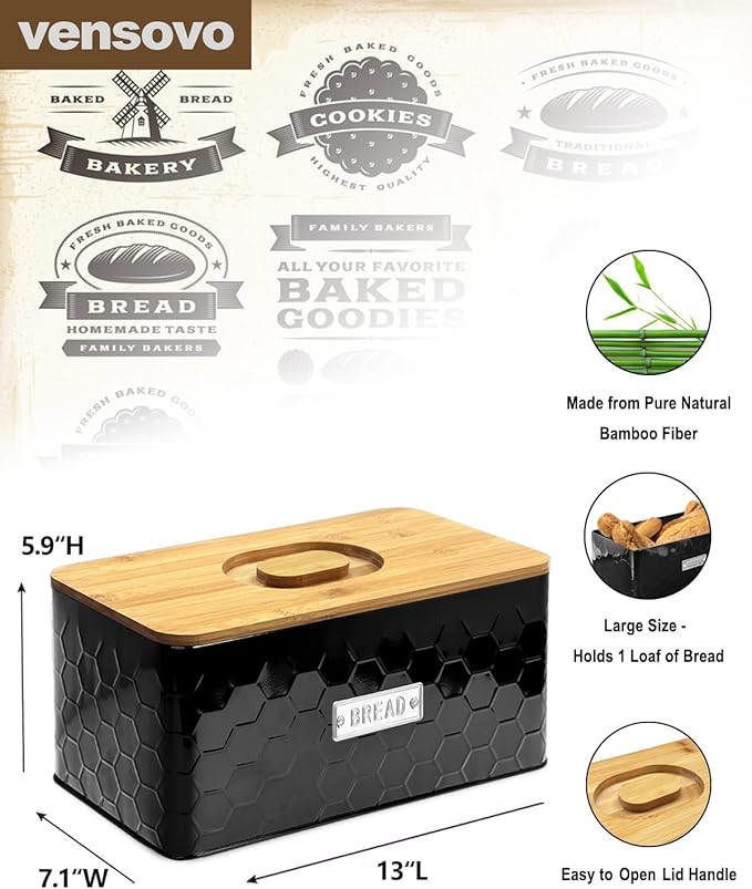 vensovo Bread Box for Countertop – Large Black Metal Bread Bin with Bamboo Cutting Board Lid, Farmhouse Bread Storage Container for Homemade Bread, Baked Goods & Kitchen Counter Organization