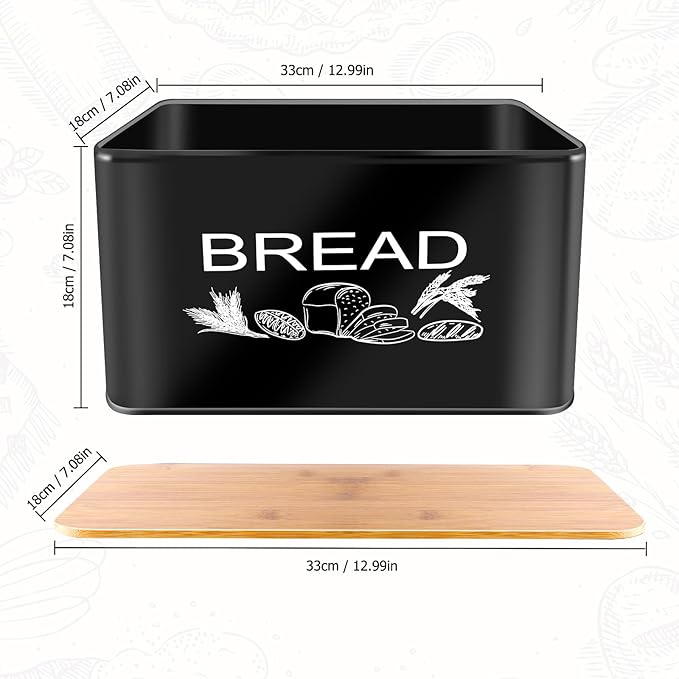 JIGUOOR Black Bread Box, Extra Large Space Saving Vertical Metal Bread Box with Wooden Cutting Board Lid, Holds 3 Loaves, Farmhouse Kitchen Bread Storage, Kitchen Parts Box 12.99" x 7.08" x 7.08"