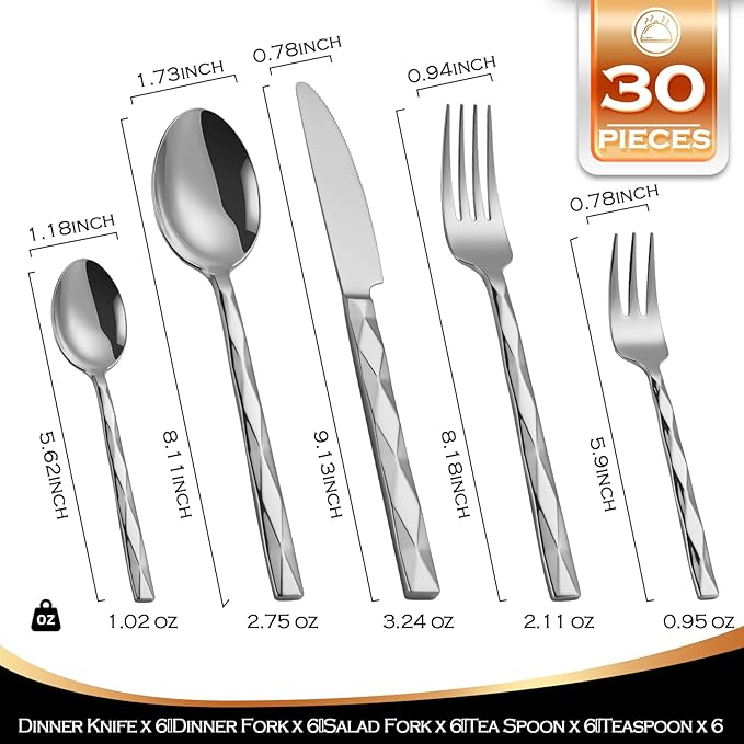 Silverware Set, Luxury 30-Piece Flatware Set for 6, Cutlery Set Stainless Steel, Diamond Cut Pattern, Home, Wedding & Party, 18/10 Stainless Steel Tablewaret & Dishwasher Safe Utensils.
