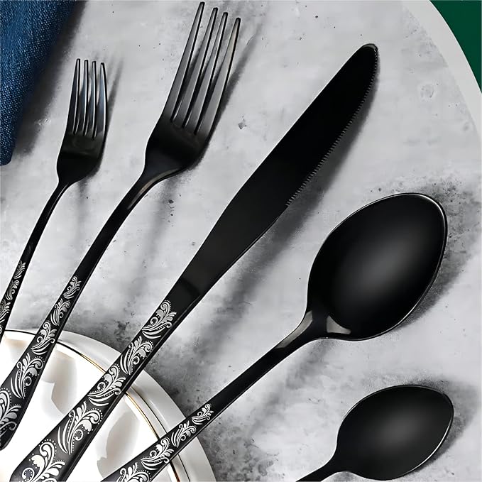 Black Silverware Set, Stainless Steel Flatware Set 30 Pcs for 6, Includes Forks Knives Spoons, Mirror Polished Eating Utensils Sets, Durable Restaurant Cutlery Set - Dishwasher Safe