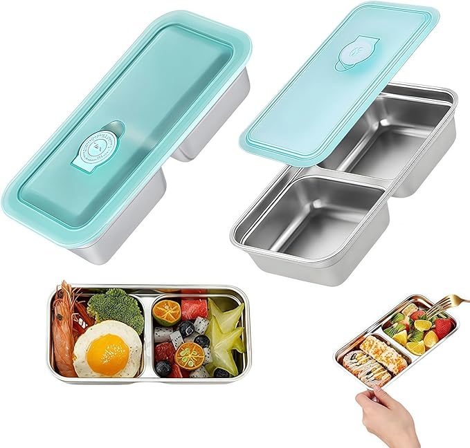 Stainless Steel Snack Containers,2-Pack Stainless Steel Snack Containers with Lids, Reusable Dual Compartment Food Storage Box - Ready to Use for Salad, Lunch, Travel & Outdoor Camping (1)