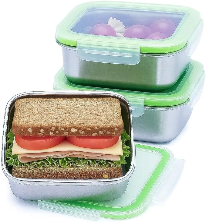 Set of 3 Stainless Steel Sandwich Containers - Food Grade Metal Base with a BPA Free Leakproof & Airtight Silicone Seal Lid. Great for Sandwiches, Snacks, Meal Prep & Food Storage