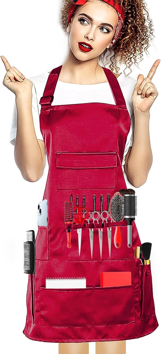 boshiho Painting Aprons, Adjustable Buckle, Barber Apron with Pockets for Women/Men/Unisex, Utility or Work Apron (Red)