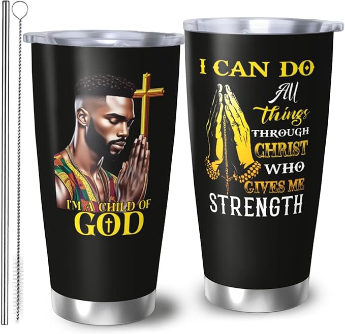 Africian American Christian Gifts for Men, Religion Gift Black Man Coffee Mug, Afro Black Dad Gift Travel Mug, 20oz Coffee Tumbler, Christian Tumbler for Men Faith