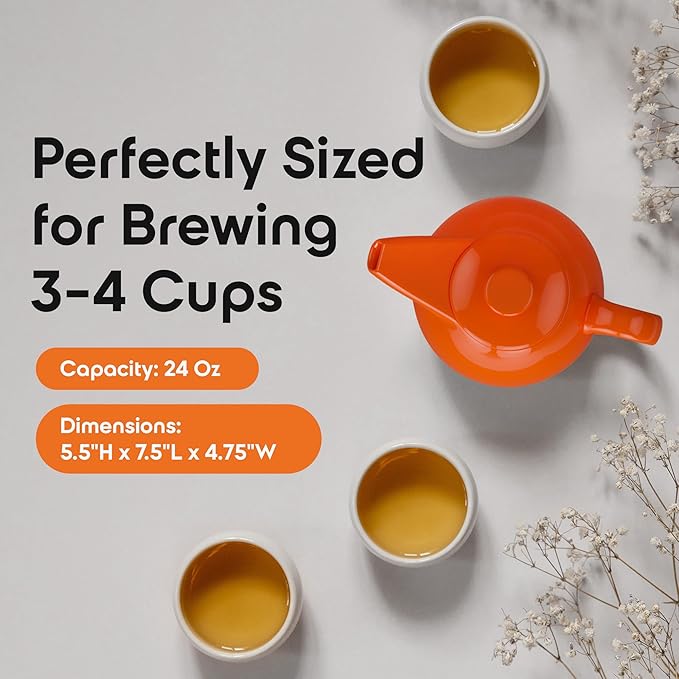 OmniWare 24 Oz Stoneware Teapot with Stainless Steel Mesh Infuser (Orange) - Microwave & Dishwasher Safe, Removable Infuser, Retro-Style Kitchenware Ideal for Loose Tea Brewing