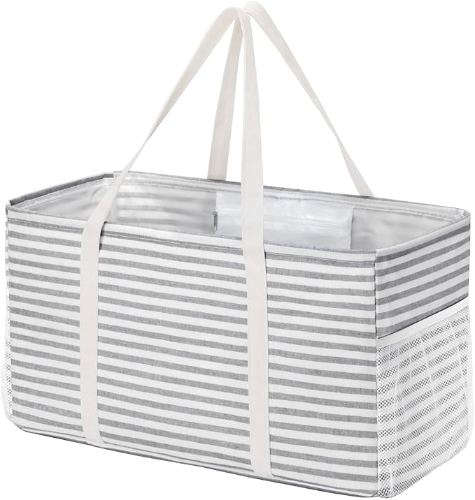 Lifewit Extra Large Tote Bag, Reusable Grocery Bags with Metal Wire Frame and Handles, Standing Utility Foldable Shopping Bags for Storage, Picnics, Beach, Pool, Laundry, Car, Camping, 1 Pack, Grey