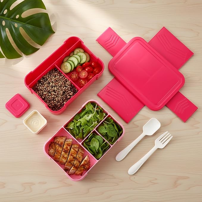 6-compartment Bento Box, 50oz Lunch Container with Utensils & Sauce Cup, Microwave & Dishwasher Safe, Leakproof Lunch Box for Adults Men Women(Rose Red)