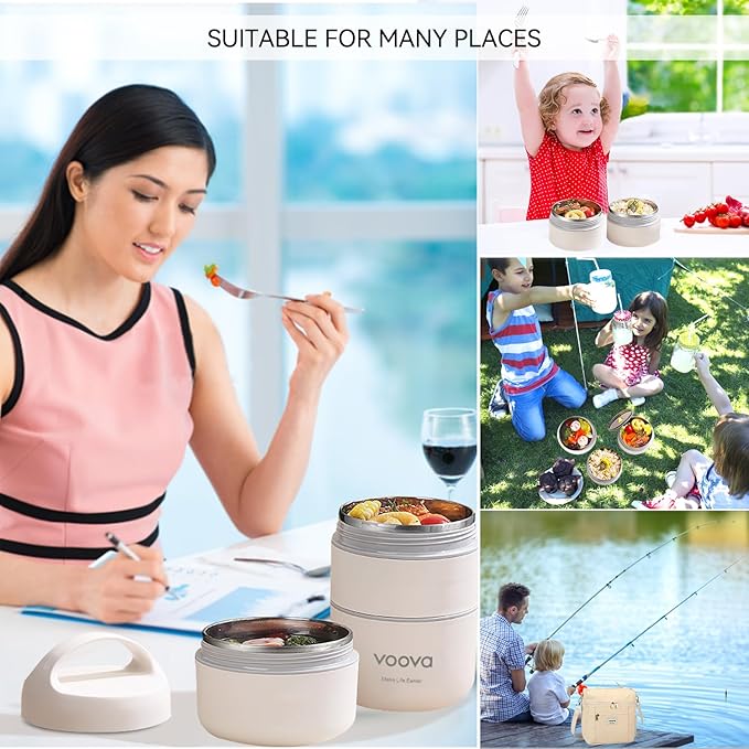 Voova Stackable Stainless Steel Thermal Lunch Box with Lunch Bag and Cultery Set for Adult Women Men, 3 Tier Leakproof & Microwave Safe Insulated Bento Boxes Food Container for Work, Beige