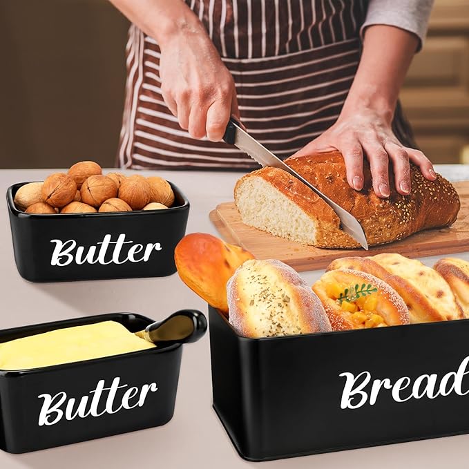 Hushee Metal Bread Box and Butter Dish with Bamboo Cutting Board Lid and Knife Bread Storage Container Breadbox for Kitchen Counter Butter Organizer for Kitchen Countertop Decoration(Black)