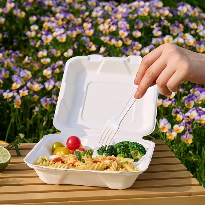 JOLLY CHEF Clamshell Take Out Food Containers, [8 * 8" 50-Pack] 3-Compartment To Go Containers Disposable, Sugarcane To Go Boxes for Salad,Lunch