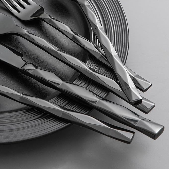 KINGSTONE Black Silverware Set, Luxury 60 Piece Flatware Set for, 18/10 Stainless Steel Cutlery Set with Diamond Cut Pattern for Kitchen, Home, Wedding, Party, Mirror Polished and Dishwasher Safe