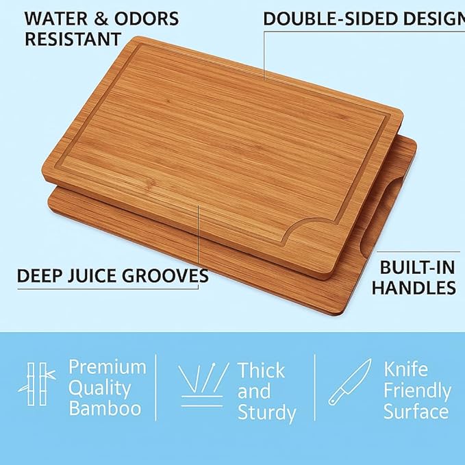Bamboo Cutting Board Set (3-Pc) – Eco-Friendly Small/Medium/Large Chopping Boards with Deep Juice Groove & Handles – Heavy-Duty Butcher Block for Meat, Vegetables & Charcuterie