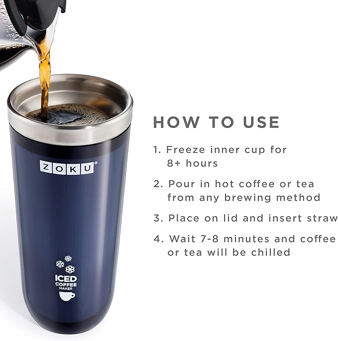 Zoku Instant Iced Coffee Maker, Reusable Beverage Chiller Cools Hot Beverages in Minutes Without Dilution, Portable 11-ounce Tumbler With Spill-resistant Lid and Straw, Grey