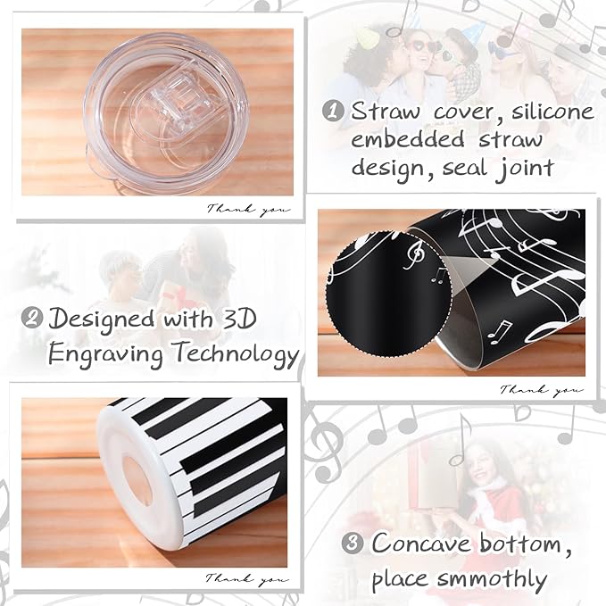 Umigy 2 Pieces Piano Gift Tumbler with Lid Straw and Brush, 20 oz Musical Notes Travel Mug Stainless Steel Coffee Mug for Christmas Music Lovers Singers Teacher Birthday Gifts