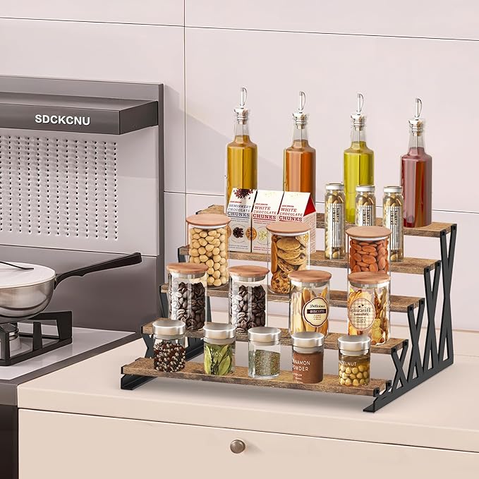 KALYLOC 5 Tier Wooden Display Riser Stand 13.8 Inch Metal Step Cologne Stand Perfume Organizer Tabletop Tiered Display Shelf Rack for Cupcake Spice Figures Cosmetics Candles (Brown, X-Shape)