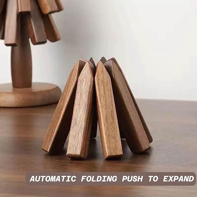 Walnut Wood Kitchen Table Decor Foldable Walnut Wooden Trivet Set 3 Tree Shape Trivets and Stand Heat Resistant Wooden Hot Pads for Hot Dishes Pots Pans Bowls Teapots