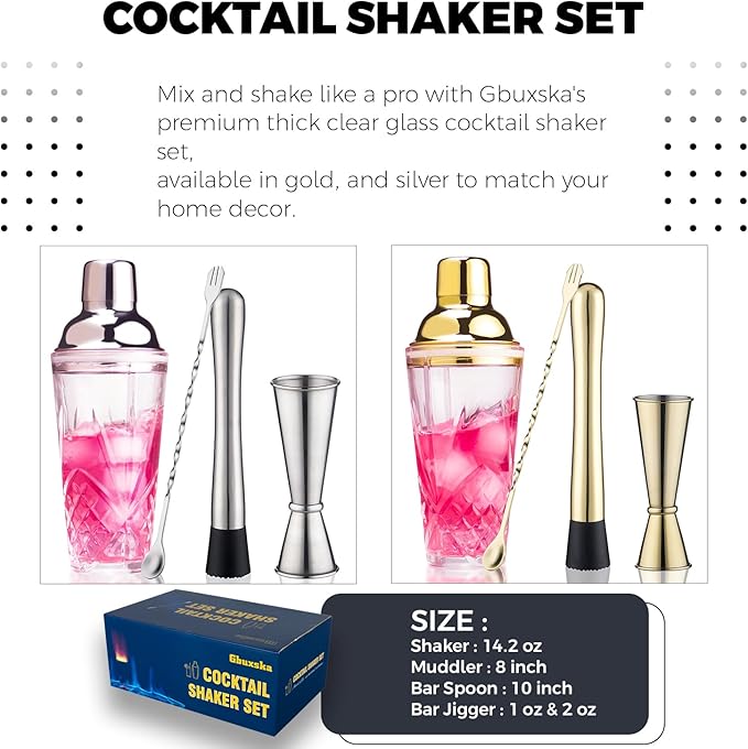 Cocktail Shaker Set - Glass Mixed Drink Shakers Cocktail Set, Martini Shaker with Strainer for Bars, Whiskey, Cocktails (Gold Set)