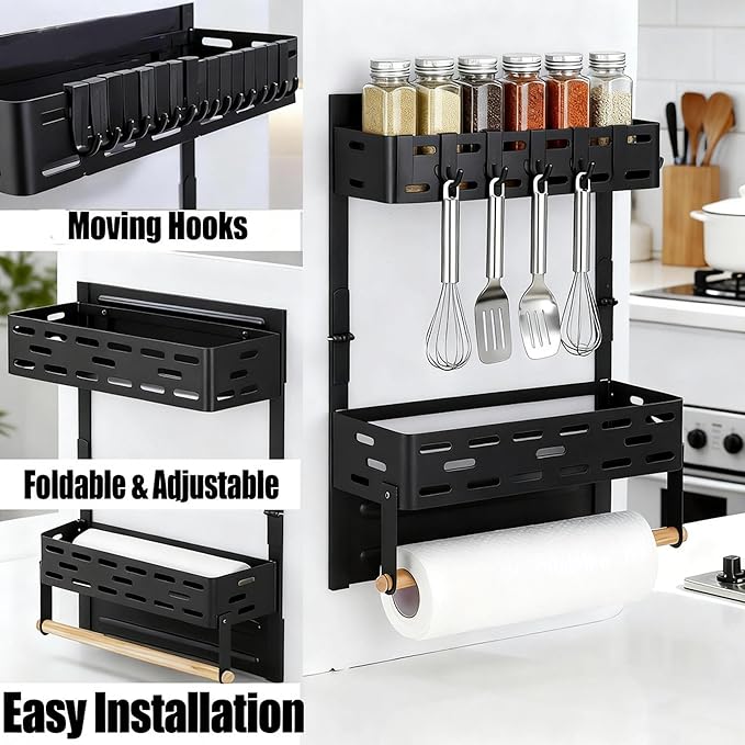 2-in-1 Magnetic Spice Rack & Paper Towel Holder for Fridge - 4 Hooks Kitchen Space Saver, Black Fridge Magnet Organizer