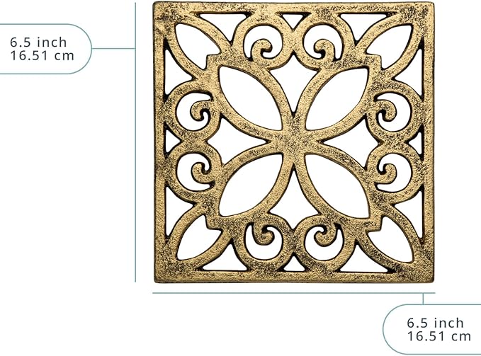Comfify Decorative Cast Iron Trivet for Kitchen or Dining Table – Square with Vintage Pattern – 6.5" x 6.5" – Rubber Pegs – Recycled Rustic Metal – Gold with Black