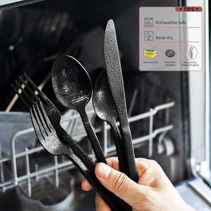 Alata Cube Mixed Black & Gold 40-Piece Forged Silverware Set Stainless Steel Flatware Set,Service for 8,Matte Satin Polished Cutlery Set,Dishwasher Safe