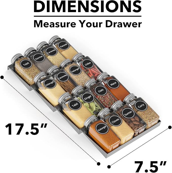 SpaceAid Spice Drawer Organizer with 16 Spice Jars, 386 Spice Labels, 4 Tier Seasoning Rack Tray Insert for Kitchen Drawers, 7.5" Wide x 17.5" Deep