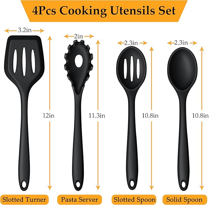 LIANYU Kitchen Utensils Set, 4Pcs Silicone Cooking Utensils, Heat Resistant Kitchen Tools for Stir Frying, Serving, Mixing, Include Turner, Spoon, Pasta Server, Dishwasher Safe, Black