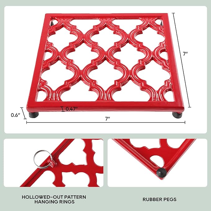 JOGREFUL Cast Iron Trivet Mats, Kitchen Pot Holders to Portect Table/Countertops, Heat Resistant Mats for Teapot/Hot Dishers/Plates, Vintage Mats with Weighted-Base, Red