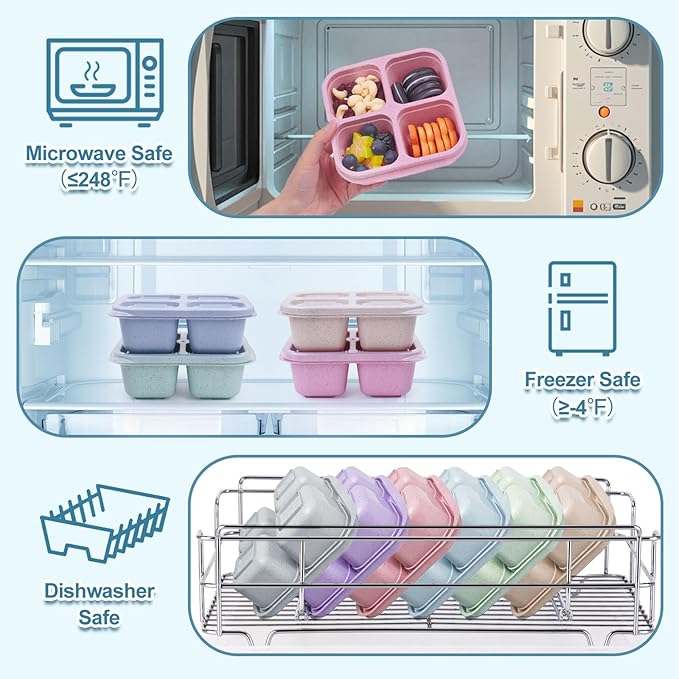 4 Compartments Snack Containers, 20 Pack Reusable Meal Prep Containers, BPA Free Lunch Box Container, Divided Food Storage Containers for Travel, Picnic, Microwave and Dishwasher Safe