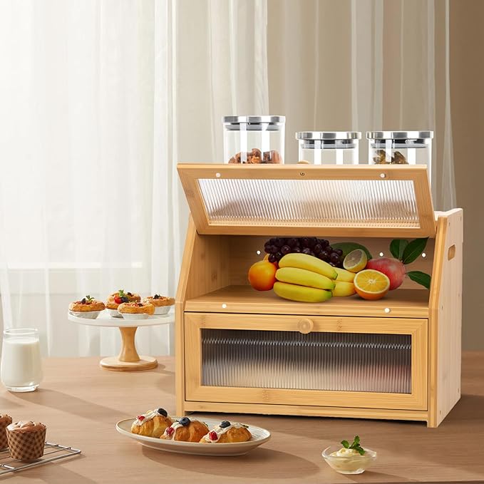 Large Bread Box for Kitchen Countertop, Wooden Bread Bin with Double Layer Storage and 0.6-inch Thick Natural Wood Panels, Rustic Bread Box Organizer for Kitchen (Natural Wood)