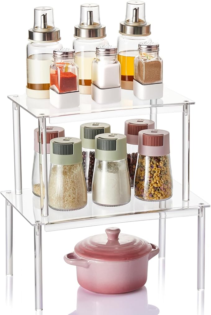 Clear Acrylic Cabinet Organizer Shelf, Set of 2 Spice Rack Organizer for Kitchen, Countertop Desk Organizers Display Riser Shelves, Stackable Kitchen Cabinet Shelf, Pantry Storage