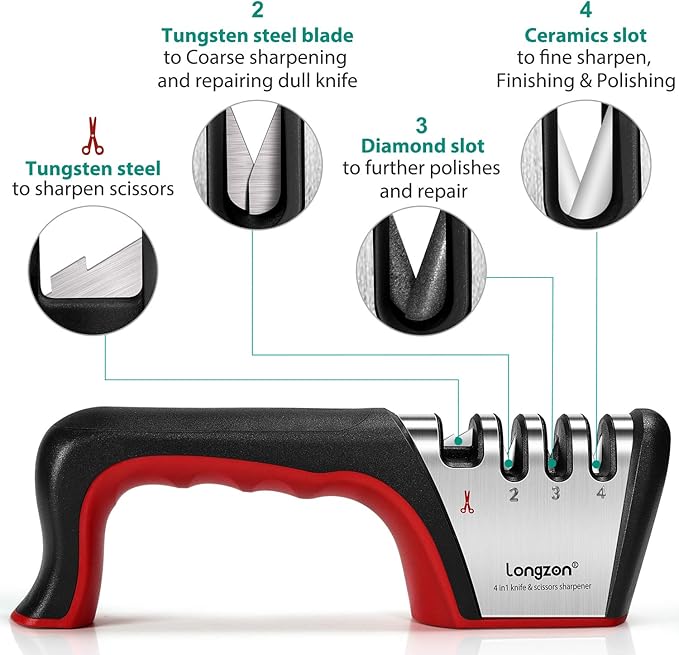 Longzon 4-in-1 Knife Sharpener [4 Stage] with a Pair of Cut-Resistant Glove, Original Premium Polish Blades, Best Kitchen Knife Sharpener Really Works for Fruit and Steel Knives, Scissors