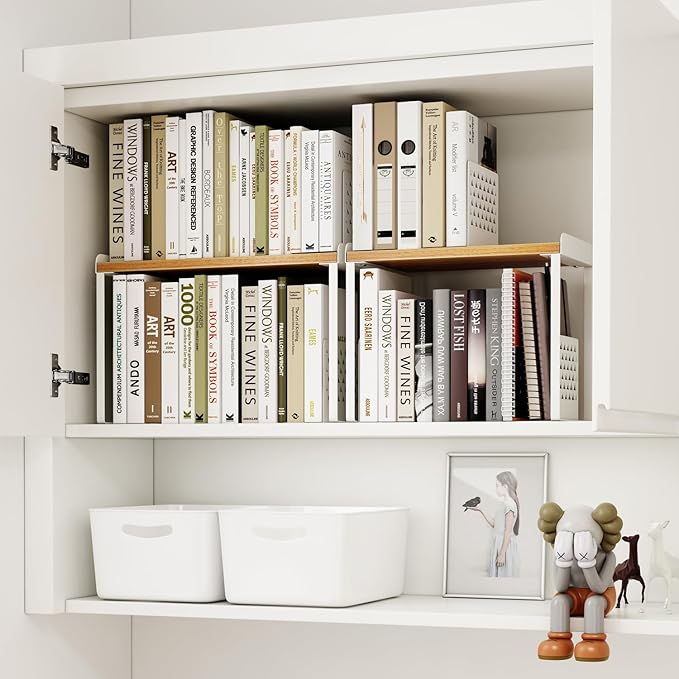 Mitus Shelf Organizer and Storage, Tiered Wood Cabinet Rack for The Kitchen Counter, Bathroom Counter, Pantry Cupboard, Office Desk Bookshelf, 12" Wide Natural and White (Large)