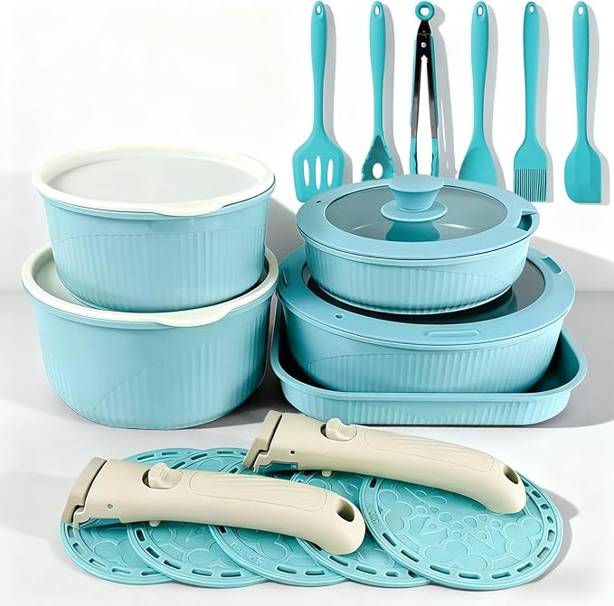 24 Pcs pots and pans set,pots and pans set non stick,Oven-safe and dishwasher-safe,PFAS/PFOA Free,Induction Dishwasher Oven Safe cookware set (Green)
