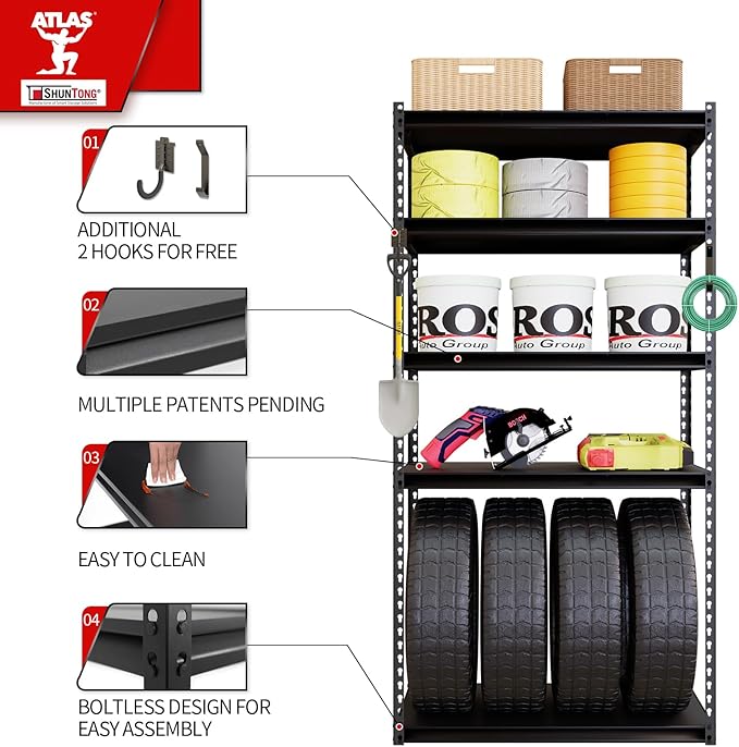 The Atlas 36" W Laminated Heavy Duty Metal Shelving Unit 4000 Lbs Boltless Garage Storage Shelves Utility Rack Shelf Warehouse Pantry Shed 36" W x 18" D x 72" H, Black