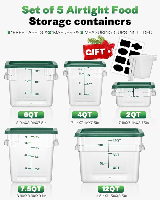 2QT NSF Food Storage Containers with Lids: 6 PCS [Total Food Grade][Hot&Cold Resistant] Commercial Clear Food Storage Containers for Restaurant Kitchen Proof Dough, Measuring Spoons Included(Green)