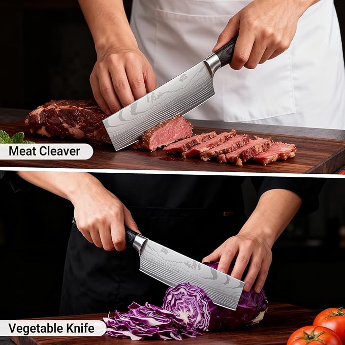 Nakiri Knife 7 Inch Sharp Meat Cleaver and Vegetable Kitchen Knife Damascus Asian Chef Knife for Home and Kitchen with Ergonomic Handle High Carbon Stainless Steel knife Chef Cooking Gift