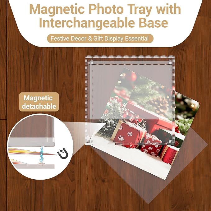 Dual-Size Scalloped Acrylic Serving Set (10"&8") w/Magnetic Panels - Clear-View Tray for Dining Tables, Non-Slip Pads Secure Plates & Glasses, Housewarming/Restaurant Gift