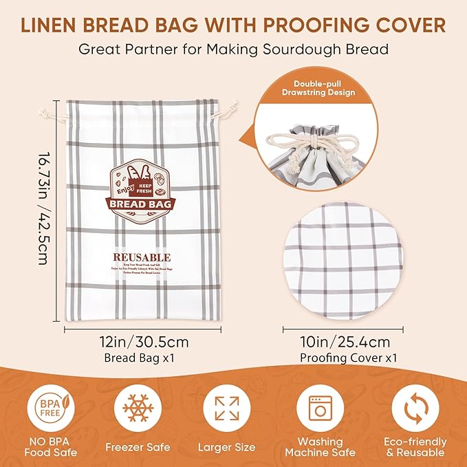 Bread Bag for Homemade Sourdough Bread and Proofing Cover, Reusable Linen Sourdough Bread Storage Bag - Bread Boxes with Dough Proofing Bowl Cover