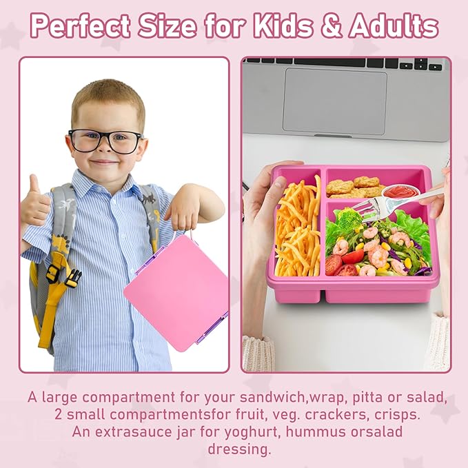 Chill Bento Lunch Box for Kids Adult with Ice Pack,Leak Proof 3 Compartments Lunch Container for Kids,Ice Pack Detachable Bento Box,BPA Free,Dishwasher & Microwave Safe-Pink Purple